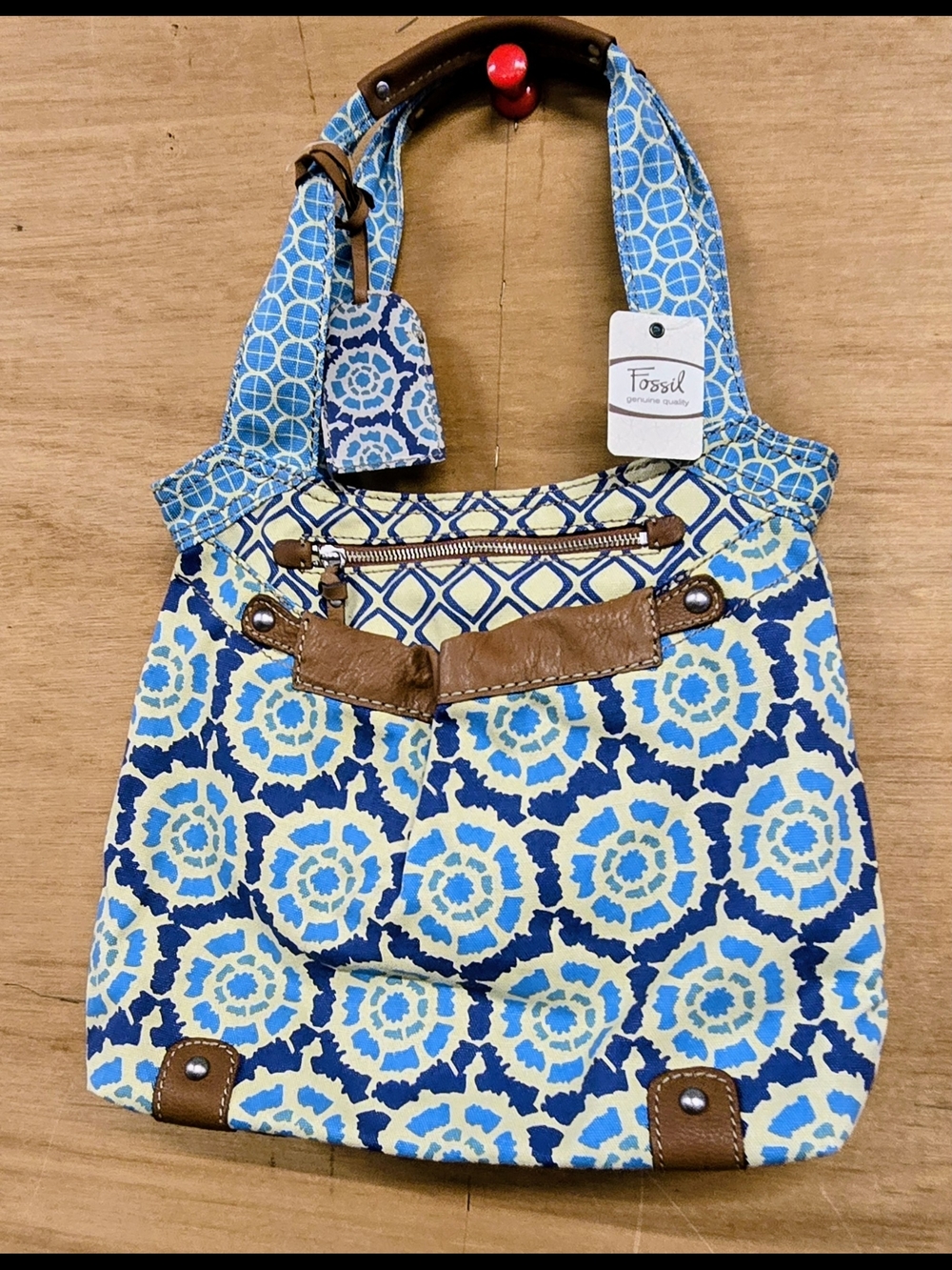 Fossil Blue Patterned Canvas Tote with Brown Leather Trim